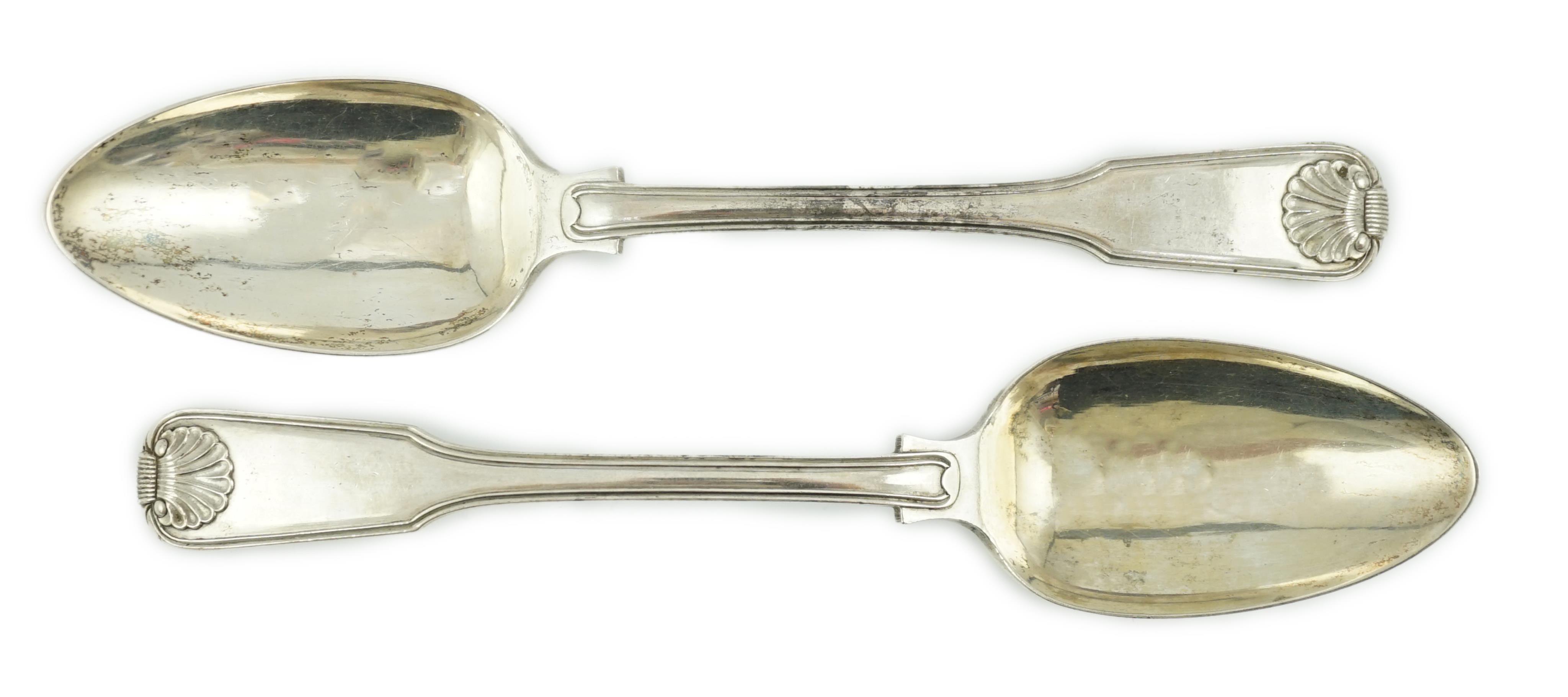 A pair of mid 19th century Chinese Export white metal fiddle, thread and shell pattern table spoons, by Khecheong, Canton